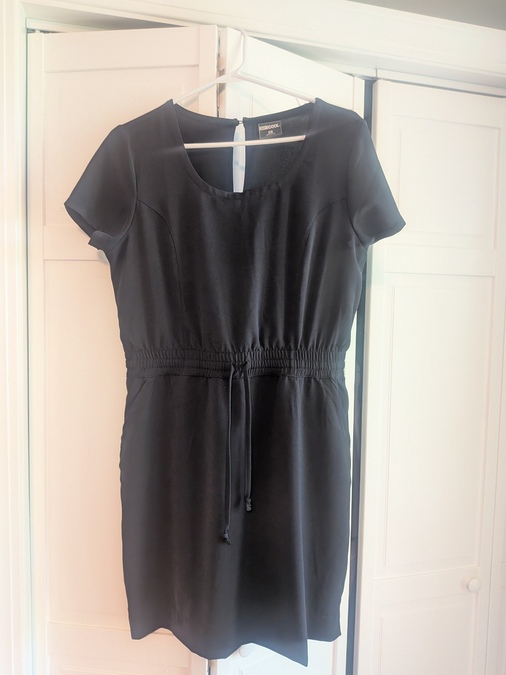 Black Short-Sleeve Drawstring Waist Mini Dress
